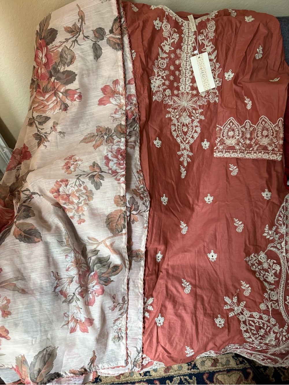 Embroidered Rust Floral Women’s Dress with Printed Scarf